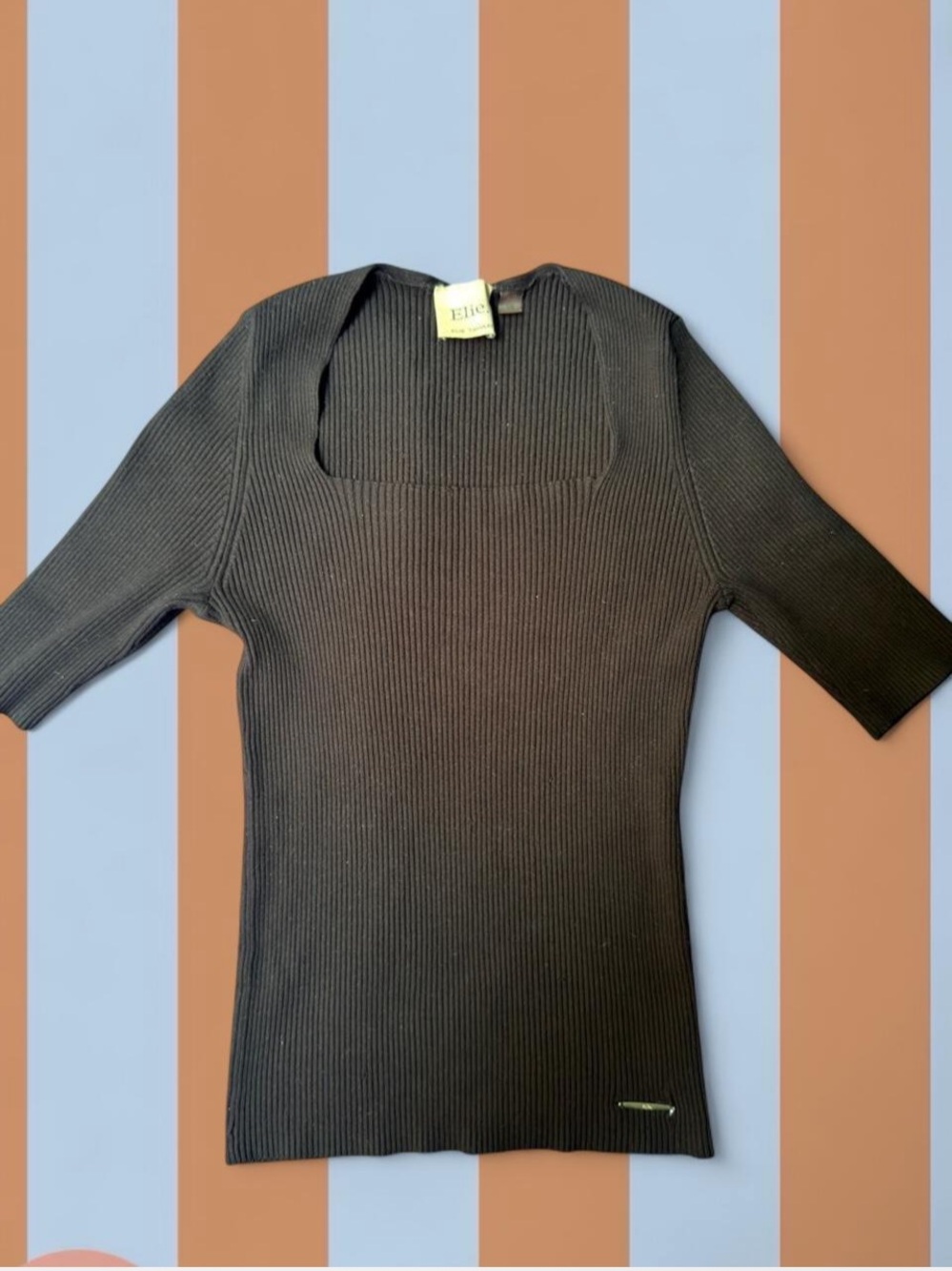 Elie Tahari Navy Ribbed Square-Neck Knit Top
